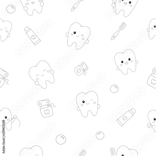 Kids dental seamless pattern for clinic background. clean friendly tooth character. pediatric dental wallpaper. oral care kids design. toothbrush toothpaste floss minimal medical illustration.