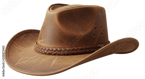 A weathered brown leather cowboy hat with a braided hatband and ventilation eyelets, isolated against a solid black background