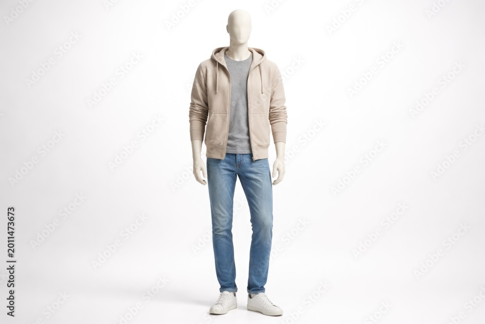 Obraz premium White backdrop features mannequin in comfortable casual attire standing upright