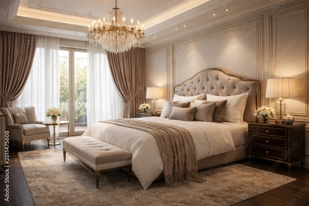 Fototapeta premium Upscale room interior decorated with a soft bed and elegant accents