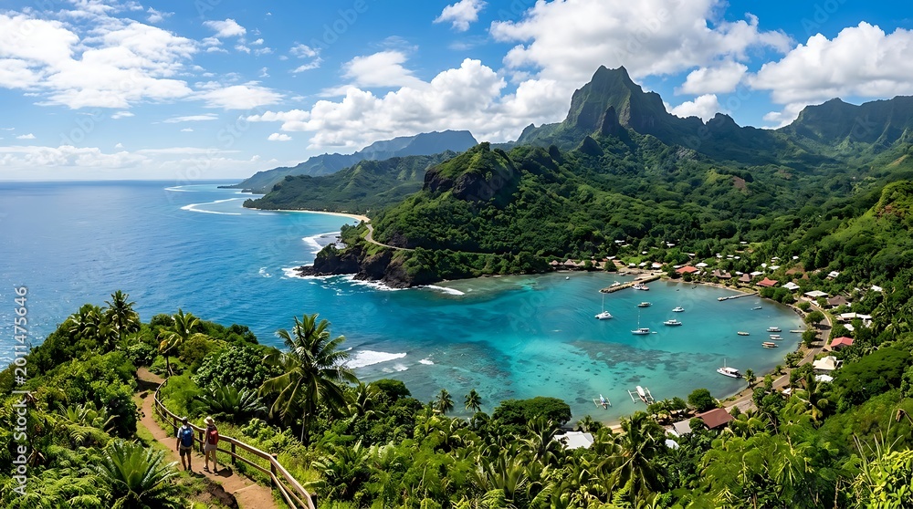 Fototapeta premium Lush Tropical Island Bay Overlooking Turquoise Lagoon and Volcanic Mountains