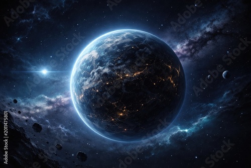 Dark space scene with luminous night planet sphere on sci fi wallpaper