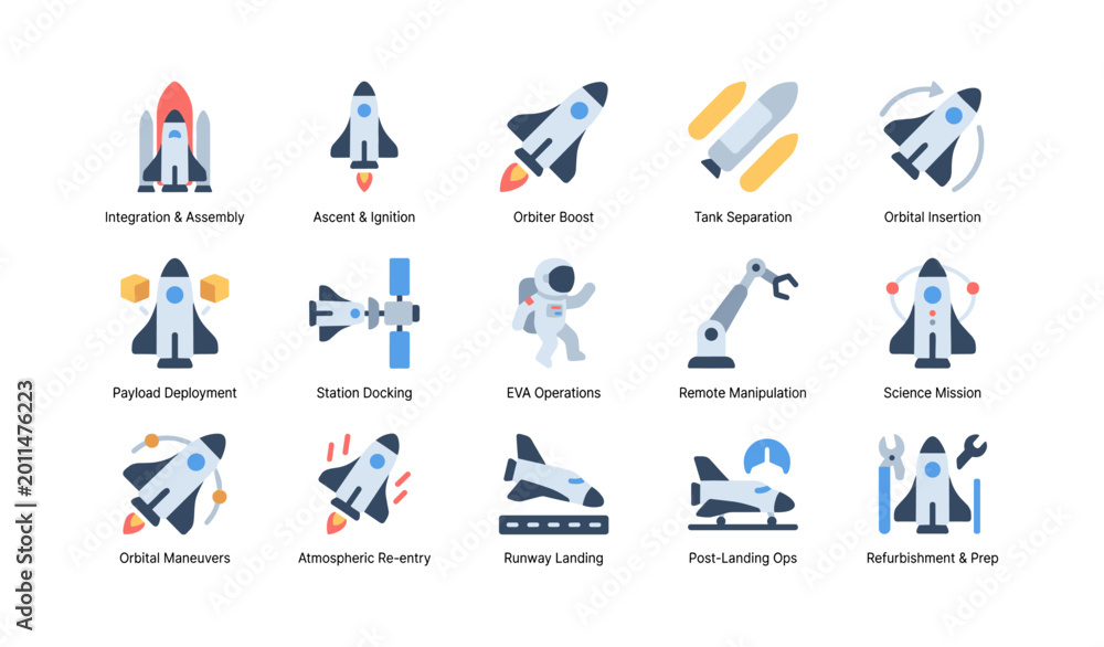 Fototapeta premium Spacecraft and mission icons for launch orbit and landing operations