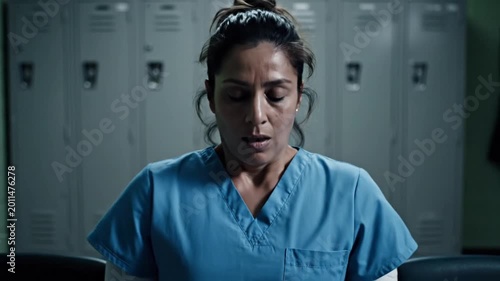 Stressed Female Medical Worker in Blue Scrubs Exhausted and Breathing Deeply in a Dimly Lit Hospital Locker Room with White Lockers