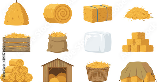 Set of 12 Hay and Straw Bales Icons, Featuring Haystack, Bale, Sack, Crate, and Storage for Agriculture, Farming, and Livestock Designs