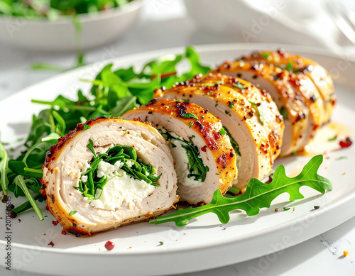Chicken breast roulade with goat cheese and arugula, white serving plate. AI