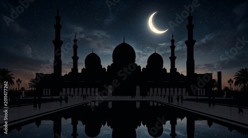 Silhouette Mosque Under Crescent Moon with Reflection at Night