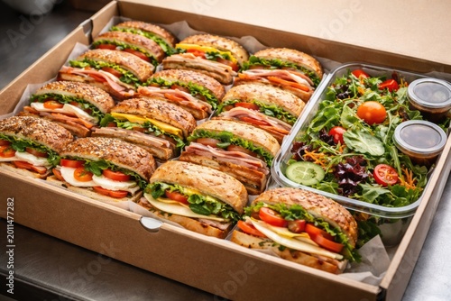 Meal delivery container with assorted sandwiches cheese tomato and green salad for events