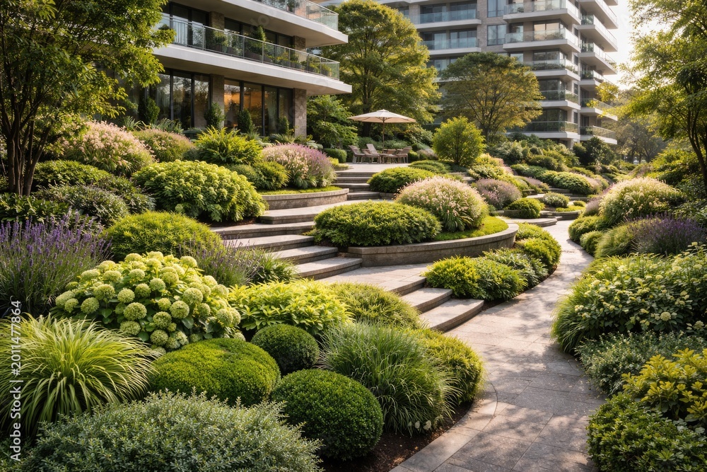 Obraz premium Condominium garden designed with layered terraces and diverse bush plantings