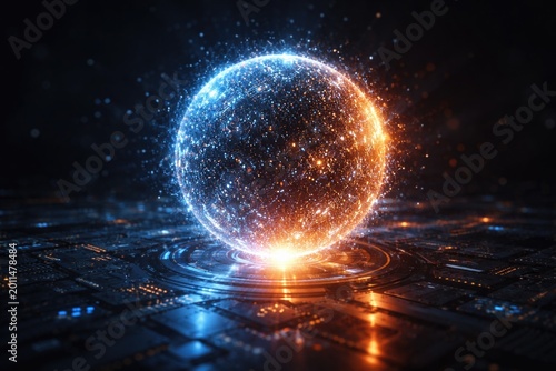 Particle sphere emitting light on a dark technological surface