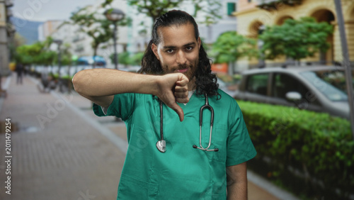 Εκτύπωση καμβά Young man in green scrubs with stethoscope shows thumbs down on busy city street near parked car; disapproval critique