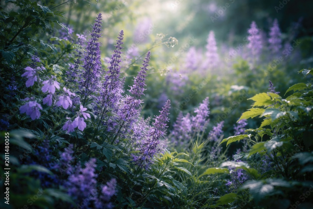 Obraz premium Painterly depiction of subtle purple flora surrounded by greenery highlighting nature's grace