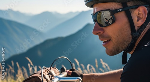 Profile of male cyclist in helmet and sunglasses riding bicycle in high mountains at summer