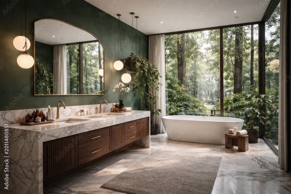 Fototapeta premium Luxurious bath area with green accent wall, marble countertop, modern cupboard and surrounding forest landscape