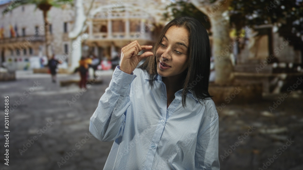 Fototapeta premium Woman pinching fingers near eye to show small size on street with visible hand and smile; playful tease.
