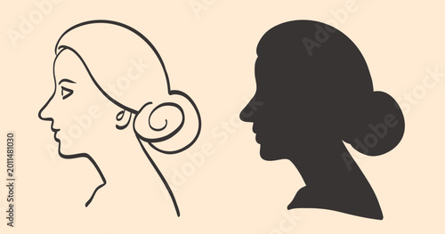 Woman Head Profile Silhouette Line Art Vector Illustration Set