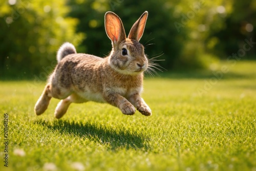 Energetic rabbit hopping across green grass lawn on sunny summer afternoon full length