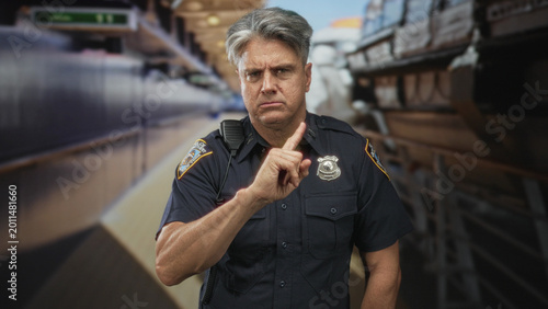 Tableau sur toile Police officer man pointing index finger to camera while showing badge and radio on uniform in building; stern warning authority