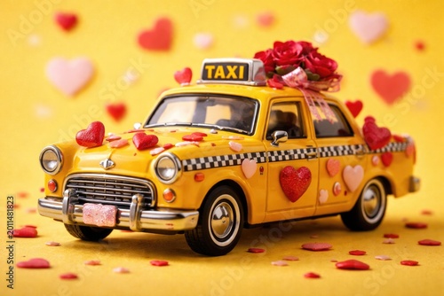 Toy taxi cab adorned with Valentines hearts on sunny yellow backdrop illustrating romantic love