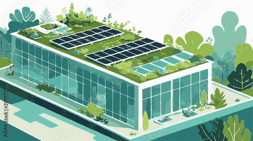 Schilderij op canvas Modern Eco-Friendly Building with Green Roof and Solar Panels Illustrates Sustai