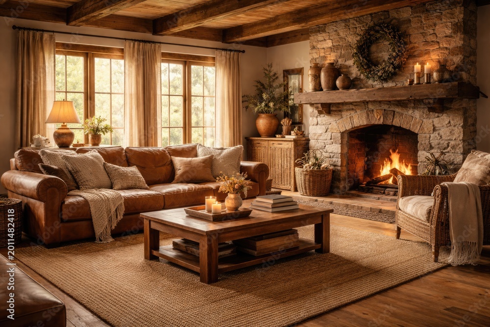 Fototapeta premium Warm farmhouse interior decorated with leather and jute rug alongside wooden furniture