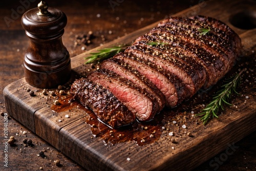 Sliced grilled beef steak and classic pepper mill displayed on cutting board copy space