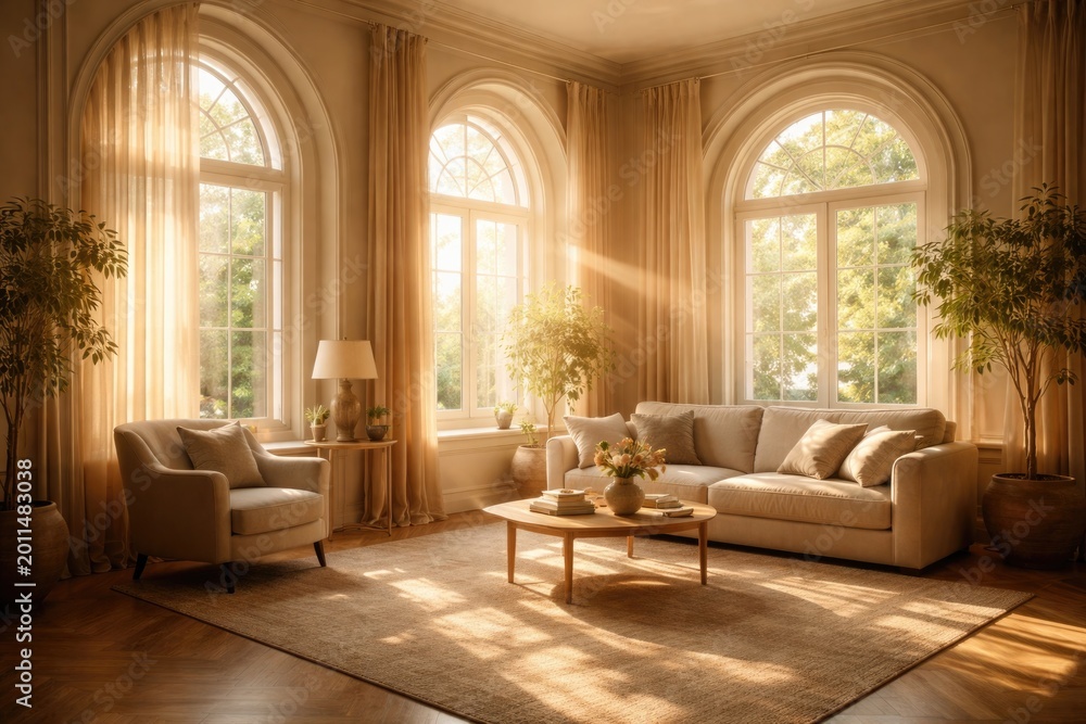 Fototapeta premium Tranquil interior bathed in warm sunlight filtering through elegant arched windows