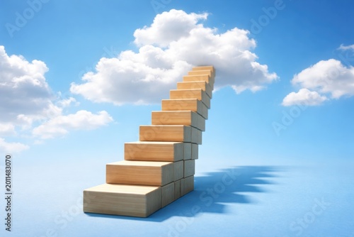 Steps of wooden blocks ascending towards fluffy clouds on bright blue background illustrating aiming high