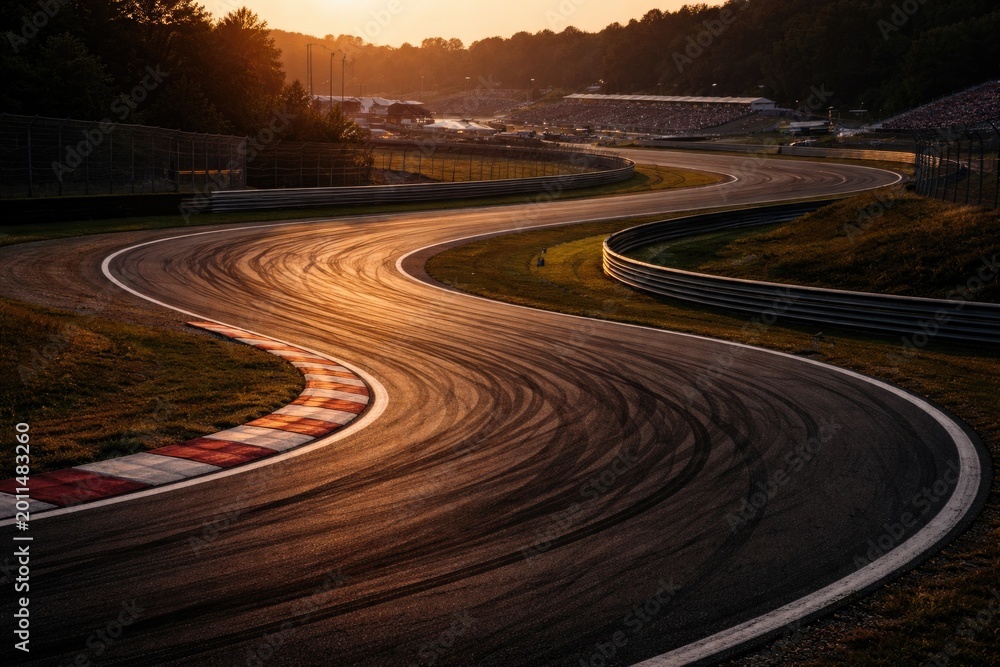 Fototapeta premium Sinuous racing course highlighted by fading daylight displaying clear tire trails and shadowed edges