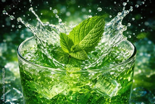 Fresh mint leaf hitting icy green soft drink causing splash