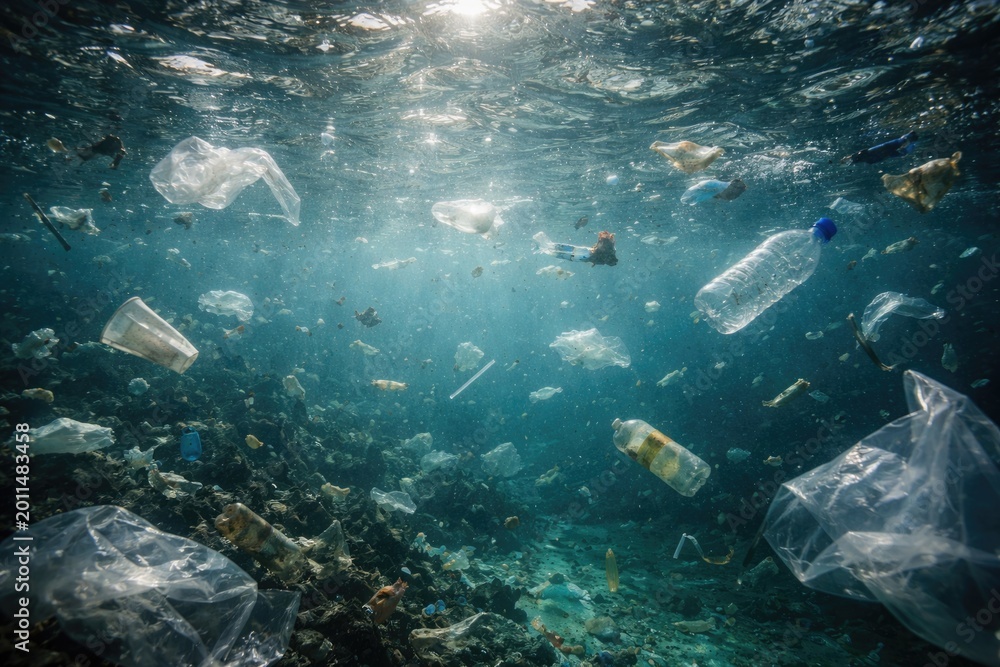 Obraz premium Sea filled with floating plastic trash demonstrating underwater pollution