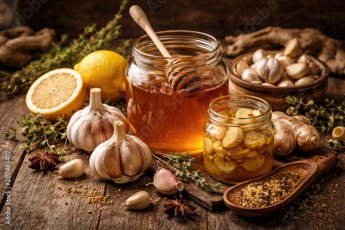 Rustic wooden backdrop showcasing honey and garlic for cold symptom easing