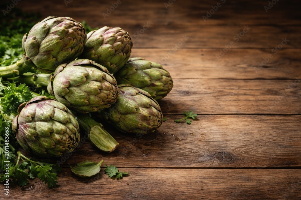 Fototapeta premium Group of artichokes resting on natural wood panel featuring copy space