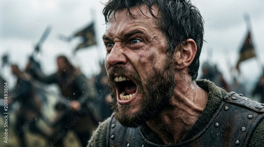 Fototapeta premium Fierce Warrior Shouting in Battle Battle Shouting Anger Medieval Conflict Fighting Emotion. Concept featuring battle, shouting, anger, medieval, conflict for professional commercial design.