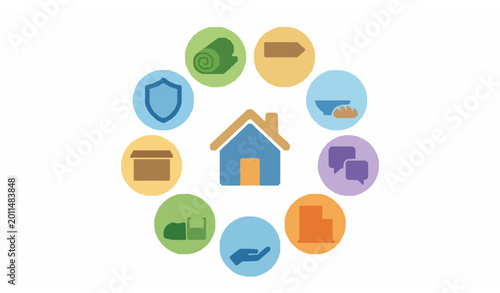 Foto Circular homelessness awareness icon collection with solid social support and ch