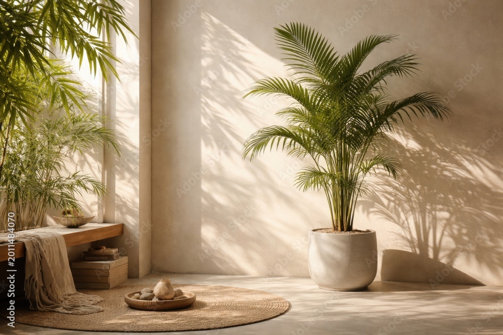 Fototapeta premium Sunlit indoor corner with a potted palm tree casting refined shadows alongside bamboo leaves