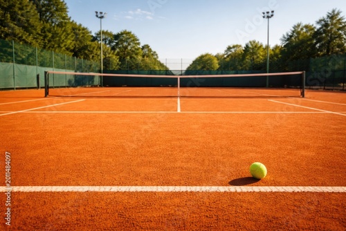 Ample copy space around an empty clay tennis court with orange rough surface and visible net and baseline plus yellow green tennis ball outdoors