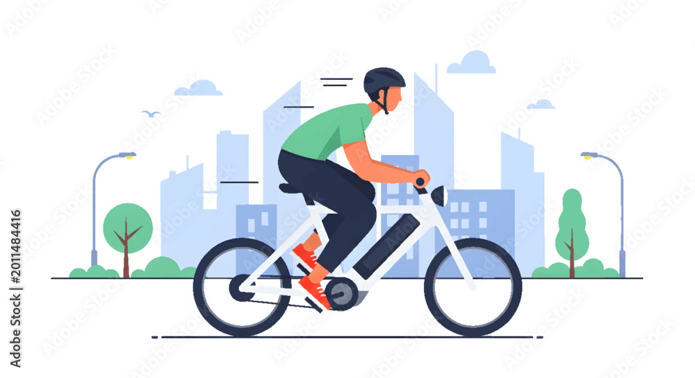 Fototapeta premium Man riding an electric bicycle through a modern city with skyscrapers and trees, promoting sustainable urban transportation.