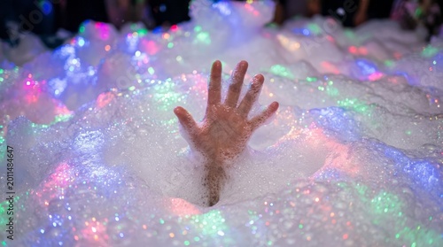 Hand Emerging from Colorful Foam Colorful Lights Hand Bubbles Celebration Fun Nightlife Party. Concept featuring colorful lights, hand, bubbles, celebration, fun for professional commercial design.