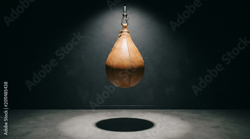 Leather speed punching bag hangs in gym with spotlight casting shadow on dark wall and floor