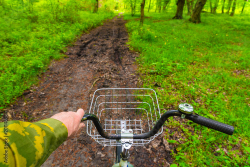 A bike ride through a green forest on a dirt road