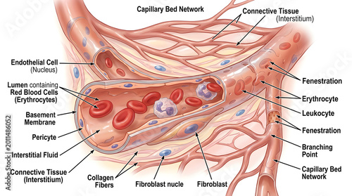 Detailed anatomical illustration of a capillary bed network showing blood vessel lumen, red and white blood cells, endothelial cells, pericytes, interstitial fluid and surrounding connective tissue fi