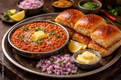 Popular Indian fast food Pav Bhaji accompanied by bread and butter