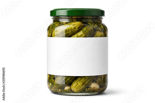 Pickled cucumber jar in clear glass with white label space isolated for branding purposes