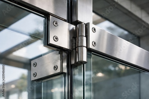 Zoomed image of iron hinges securing a glass door at a contemporary structure corner showcasing architectural precision