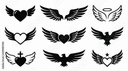 Collection of wings with heart angel halo and eagle icons simple black silhouette vector for tattoo and logo design