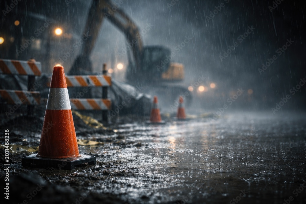 Obraz premium Torrential rain falling on a construction zone with an orange warning cone and copyspace for text