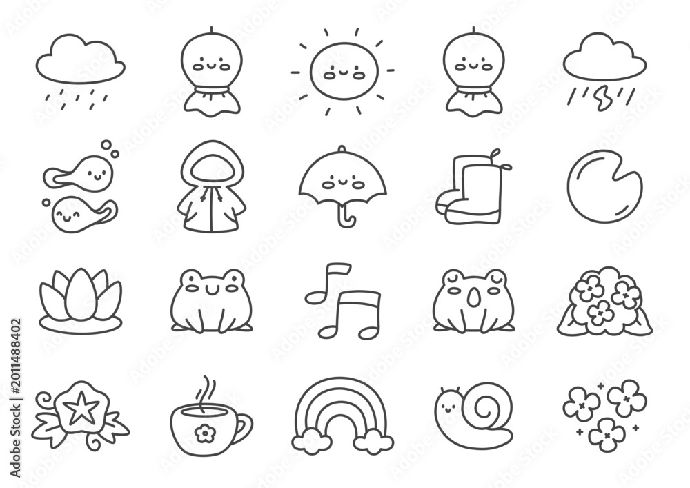 Obraz premium Kawaii japanese rainy season icon set with kawaii elements. Collection of cute symbols inspired by asian monsoon period including weather, nature and cozy items in monochrome style with playful mood.