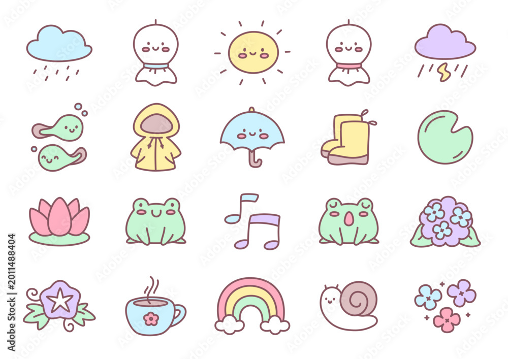 Fototapeta premium Kawaii japanese rainy season icon set with kawaii elements. Collection of cute symbols inspired by asian monsoon period including weather, nature and cozy items in soft pastel palette.