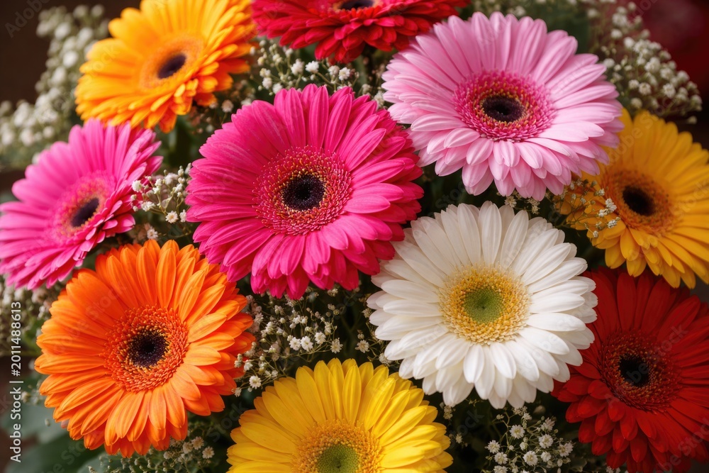 Fototapeta premium Intimate focus on a rich bouquet of multicolored gerbera blooms